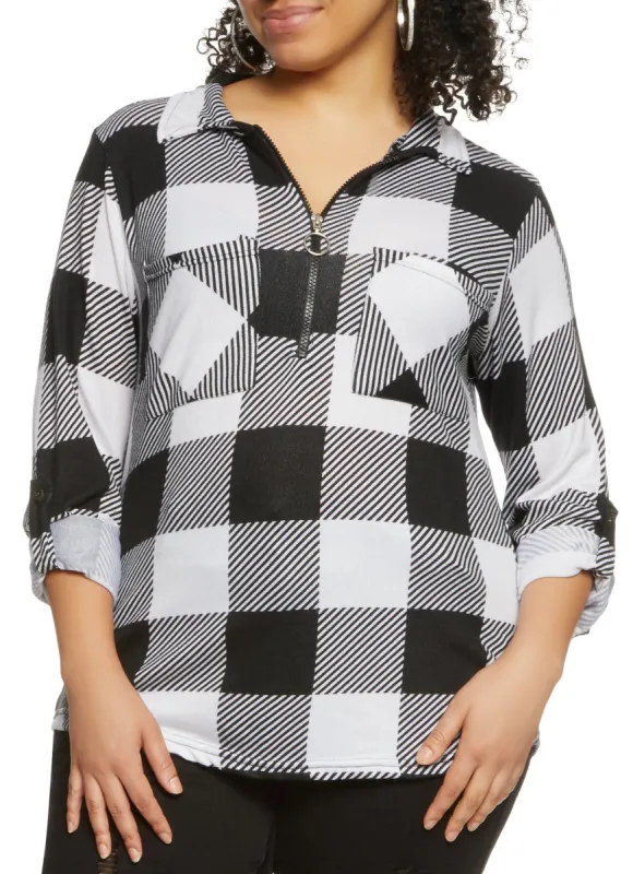 Plus Size Buffalo Plaid Half Zip Top sold by Rainbow