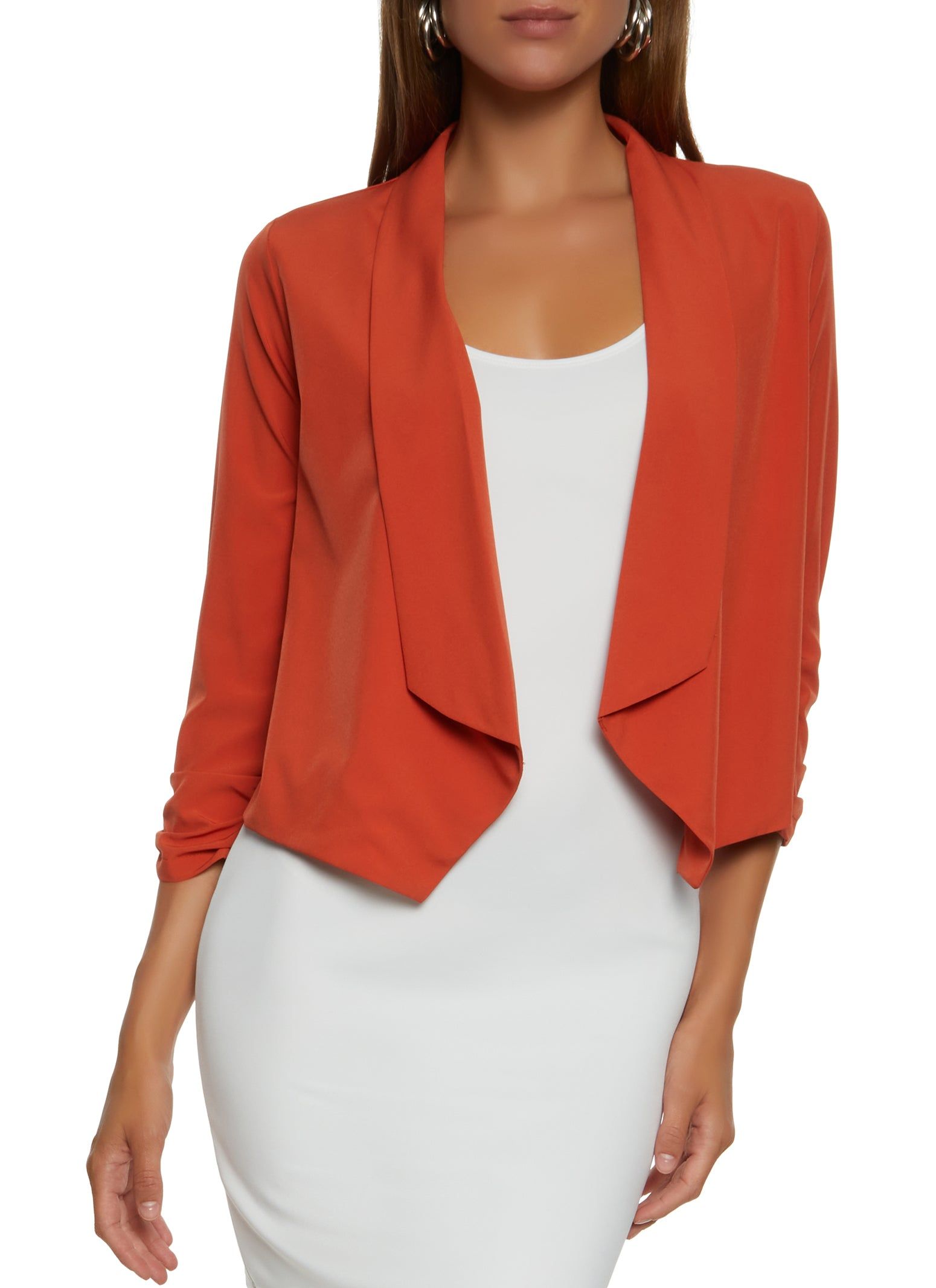 Solid Crepe Knit Ruched Sleeve Blazer sold by Rainbow