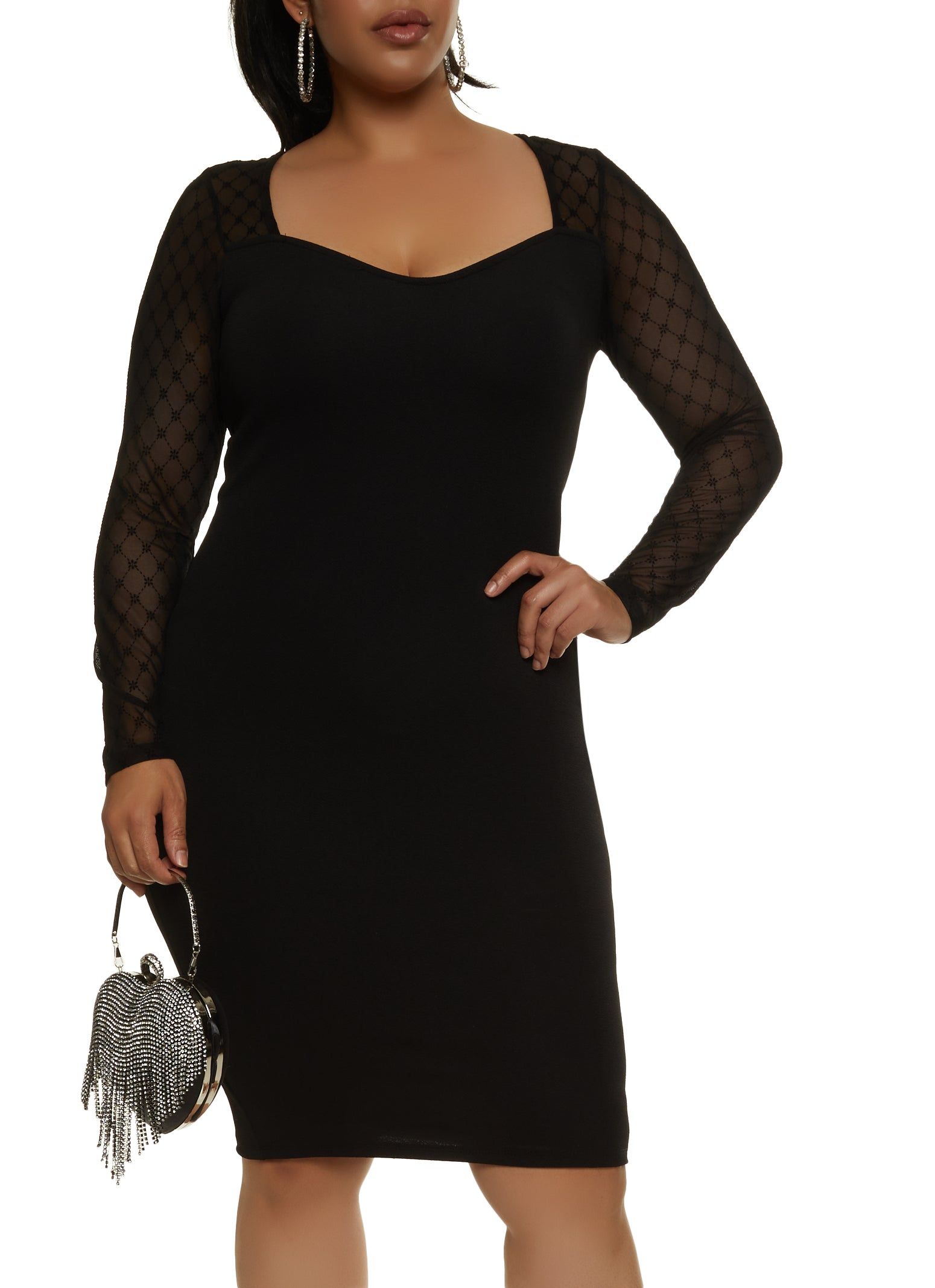 Plus Size Mesh Long Sleeve Midi Dress sold by Rainbow