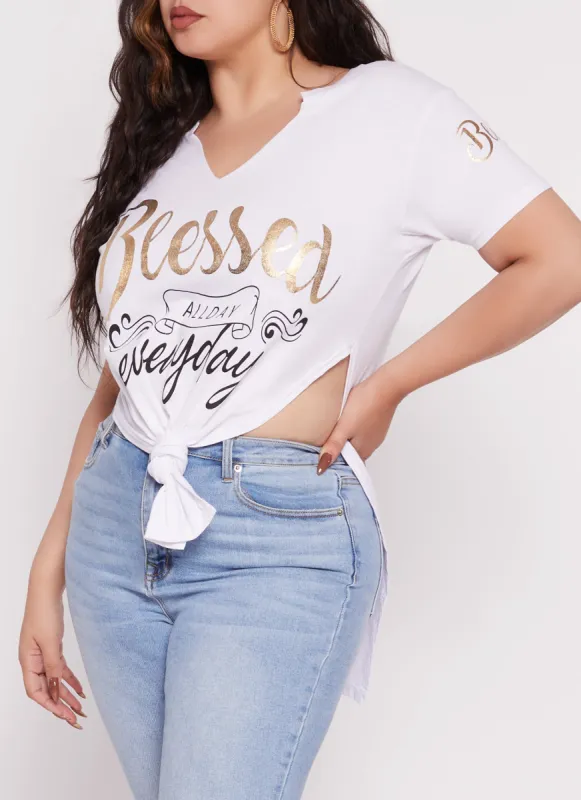 Plus Size Blessed All Day Everyday Foil Graphic Tunic Tee sold by Rainbow