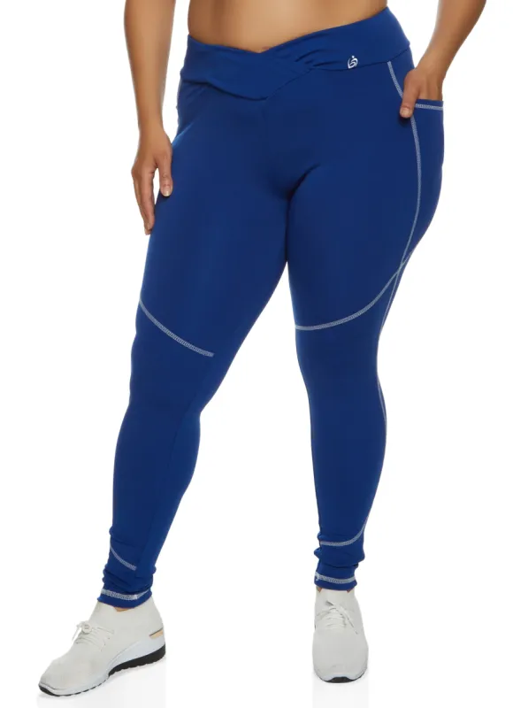 Plus Size V Cross Waist Contrast Stitch Leggings sold by Rainbow