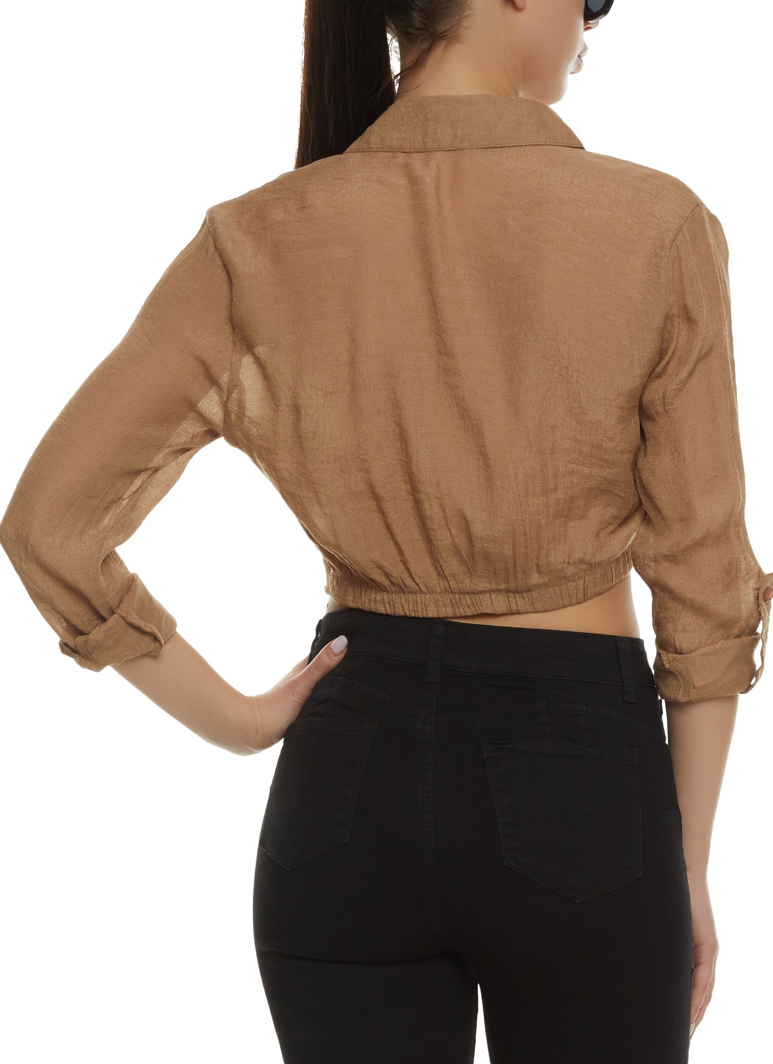 Long Sleeve Tie Front Cropped Shirt sold by Rainbow product image thumbnail 3