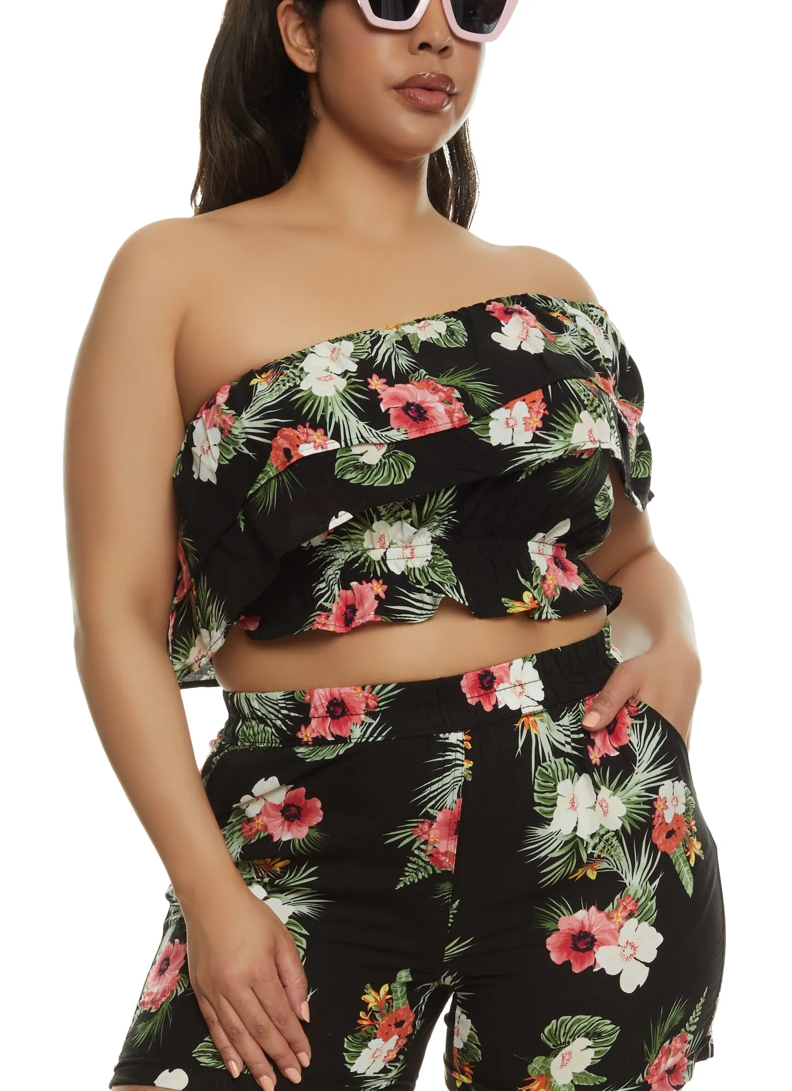 Plus Size Tropical Floral Print One Shoulder Top sold by Rainbow