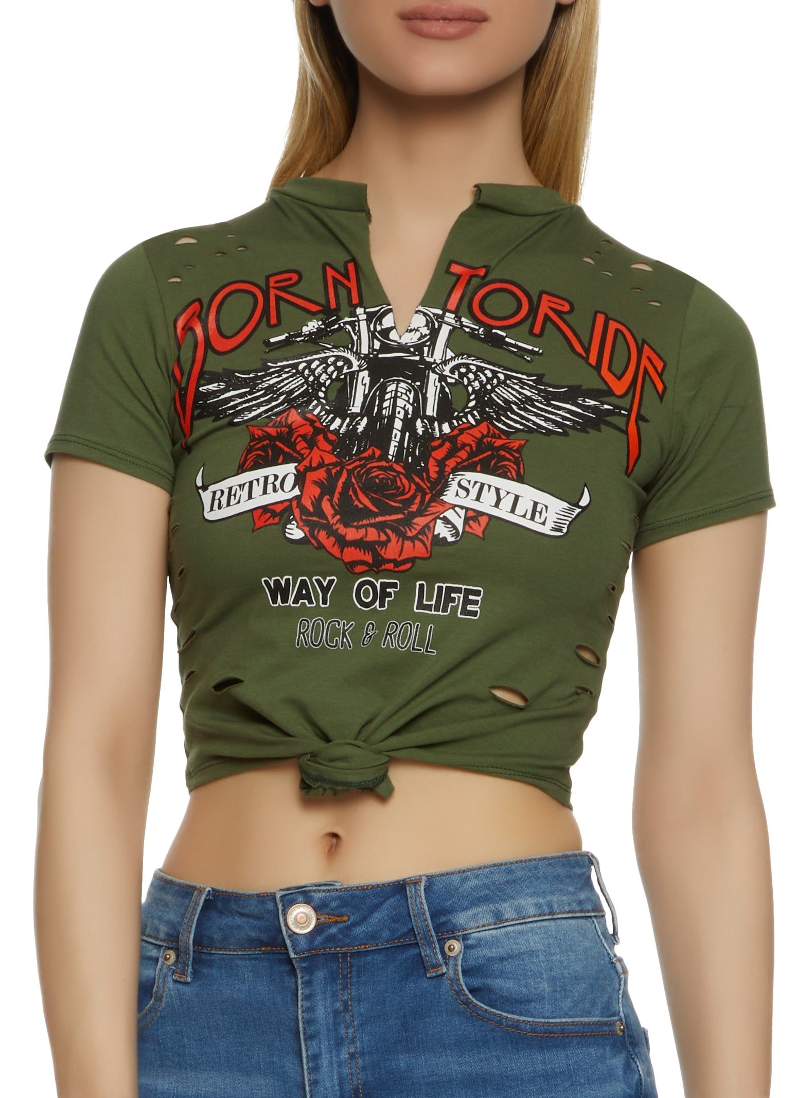Born To Ride Knot Front Tee sold by Rainbow