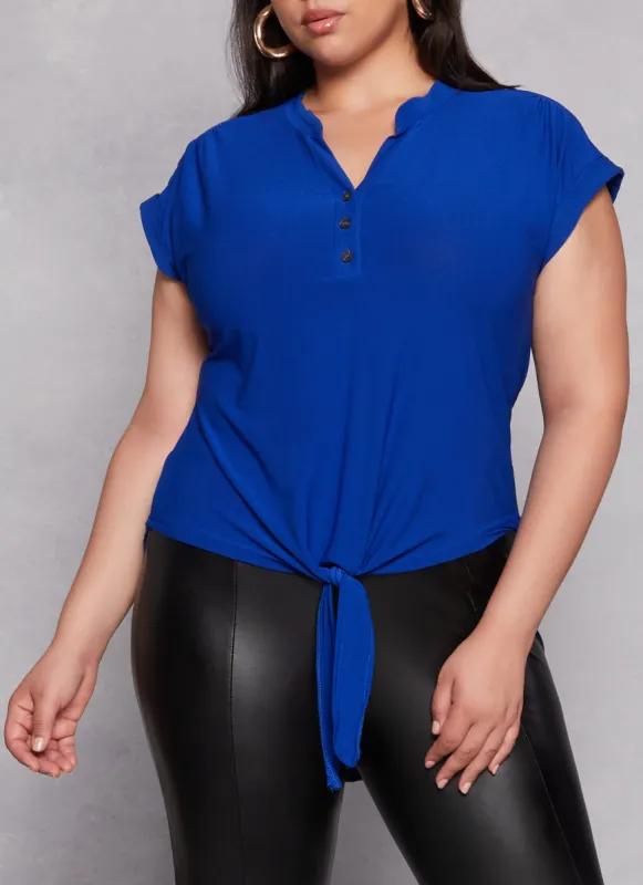 Plus Size Tie Front Half Button High Low Top sold by Rainbow