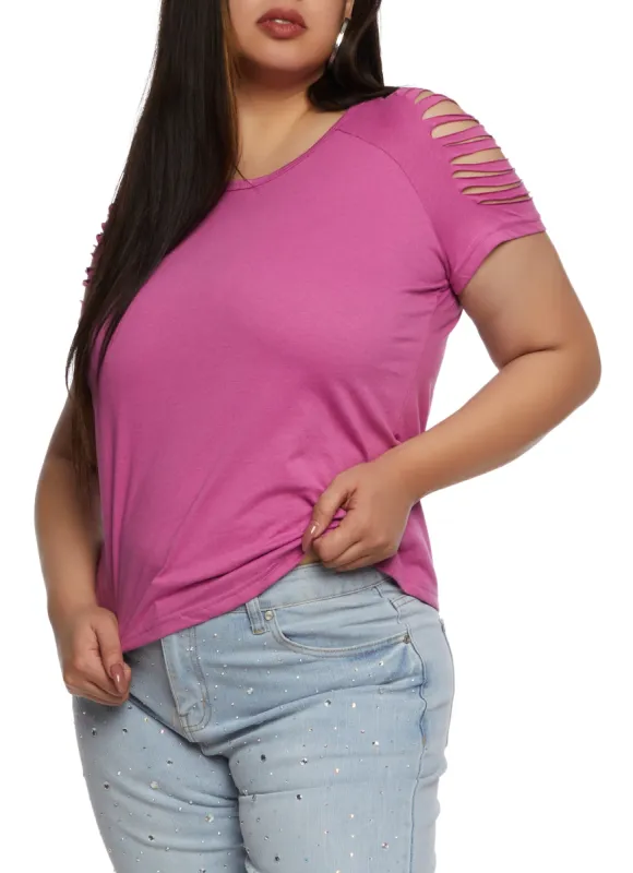 Plus Size Slashed Short Sleeve Tee sold by Rainbow