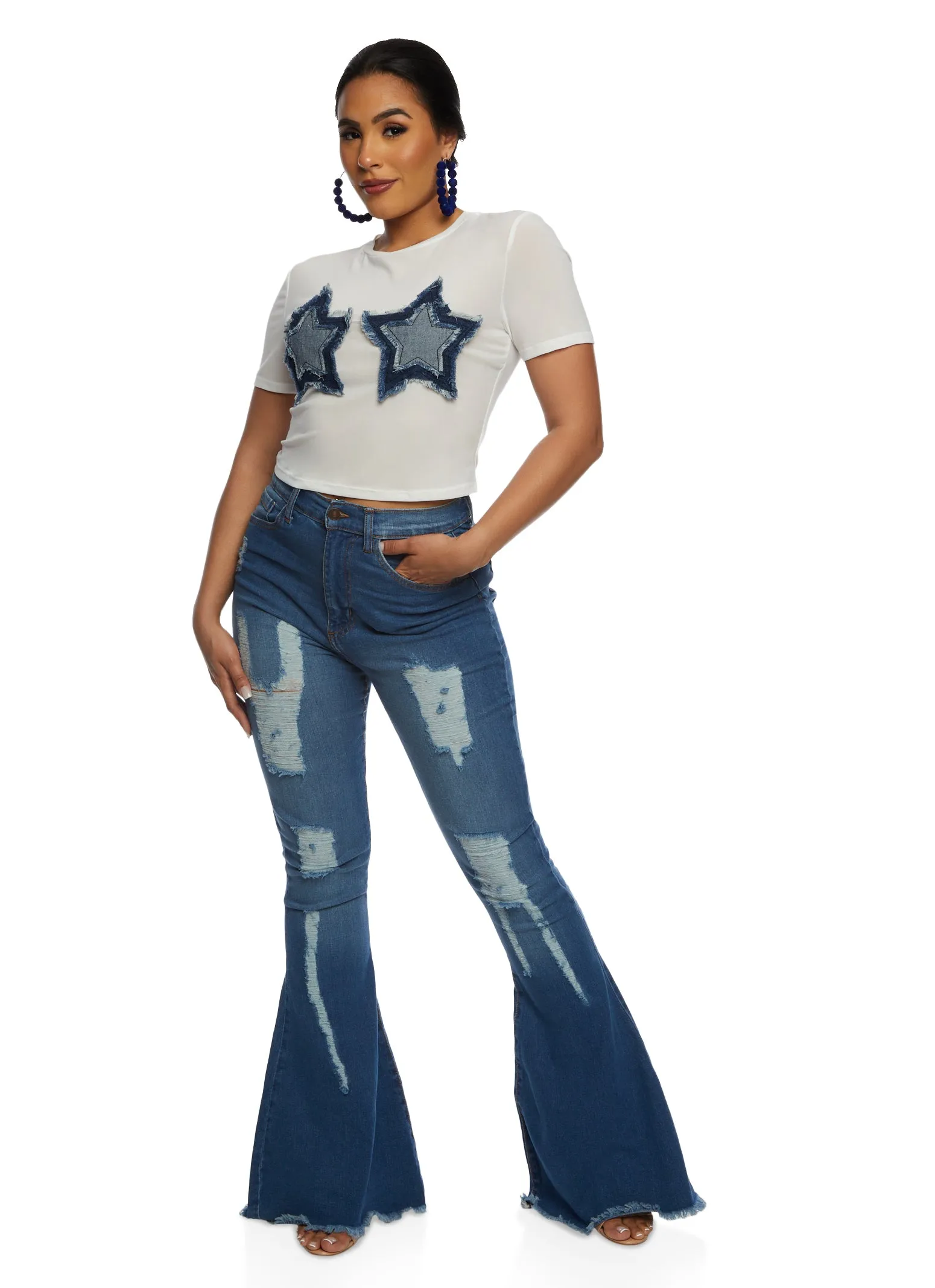 Highway Frayed Trim High Waist Distressed Flare Jeans sold by Rainbow