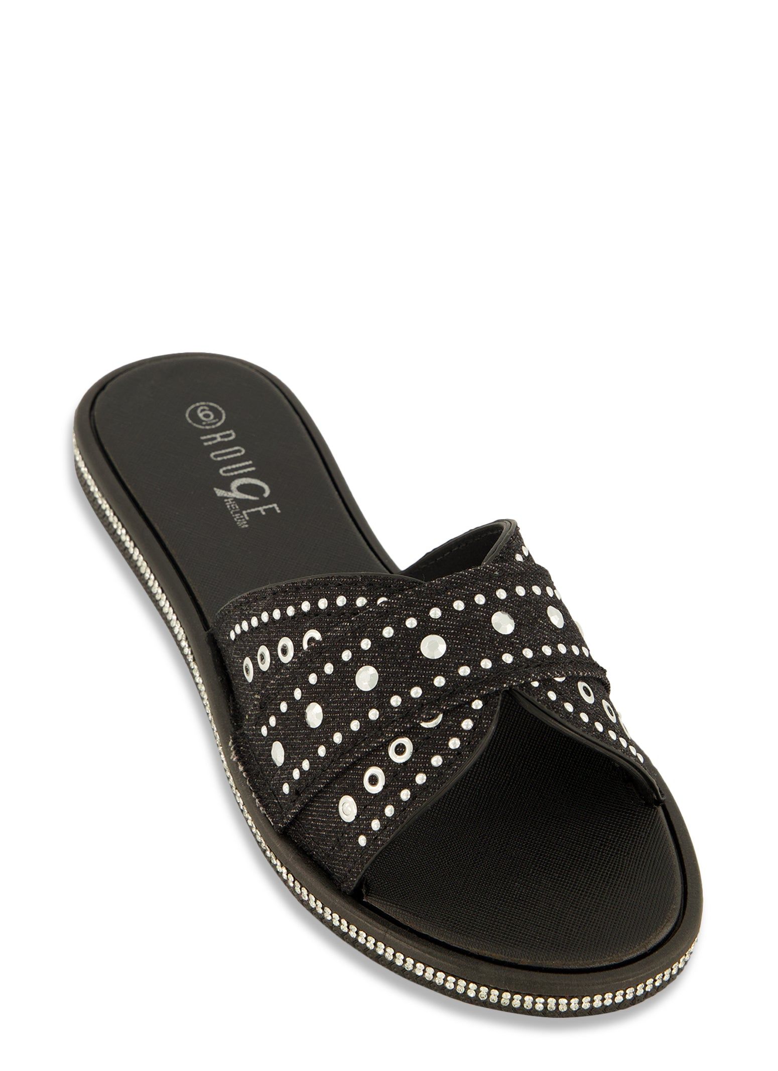 Studded Band Rhinestone Trim Slide Sandals sold by Rainbow
