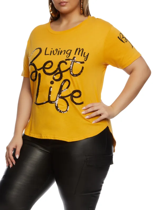Plus Size Living My Best Life Crew Neck Sequin Graphic Tee sold by Rainbow