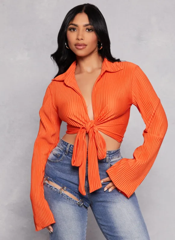 Plisse Tie Front Bell Sleeve Blouse sold by Rainbow