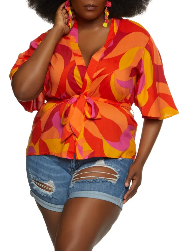 Plus Size Printed Tie Waisted Wrap Top made by Rainbow