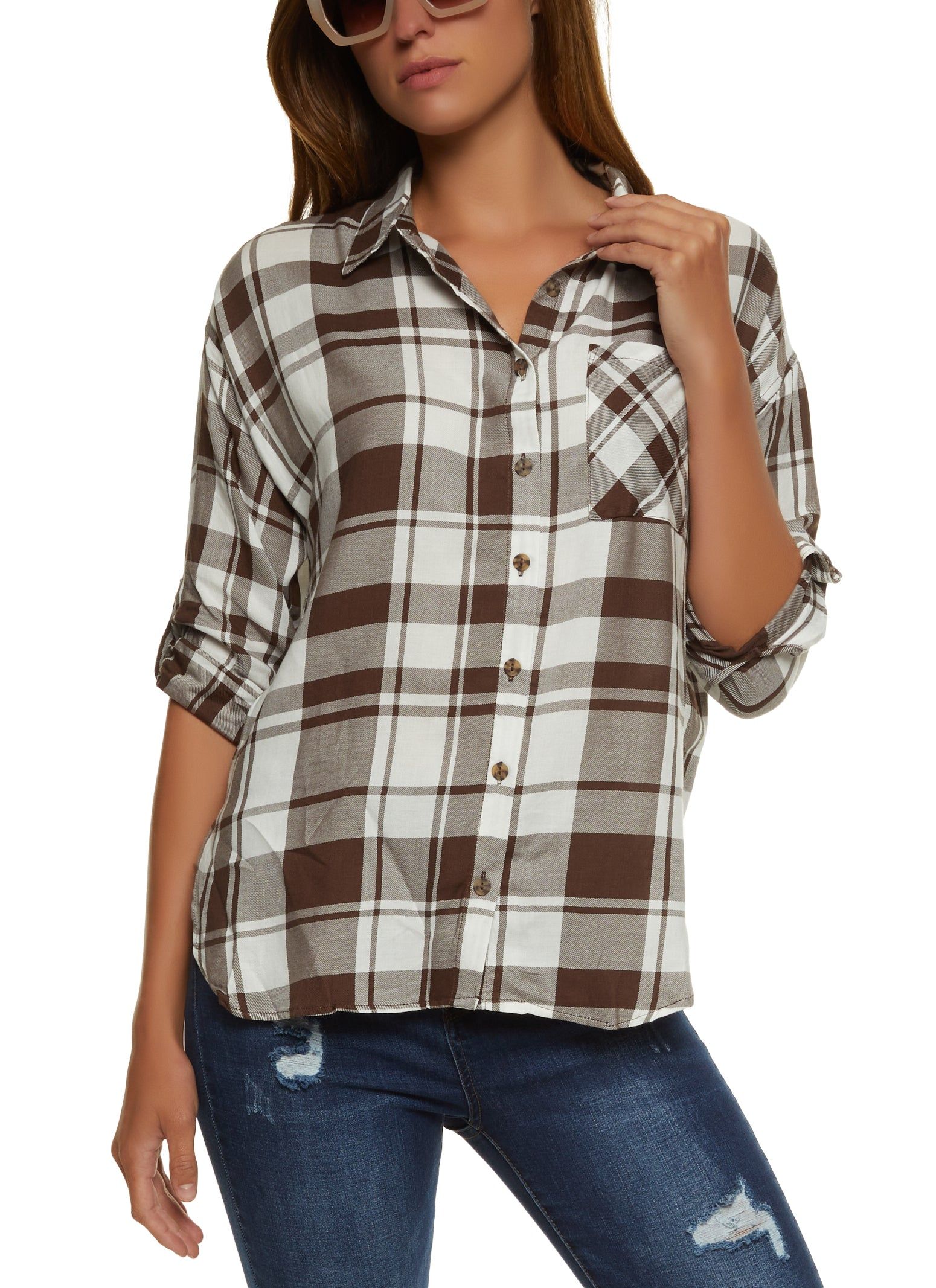Plaid Long Sleeve Button Front Shirt sold by Rainbow