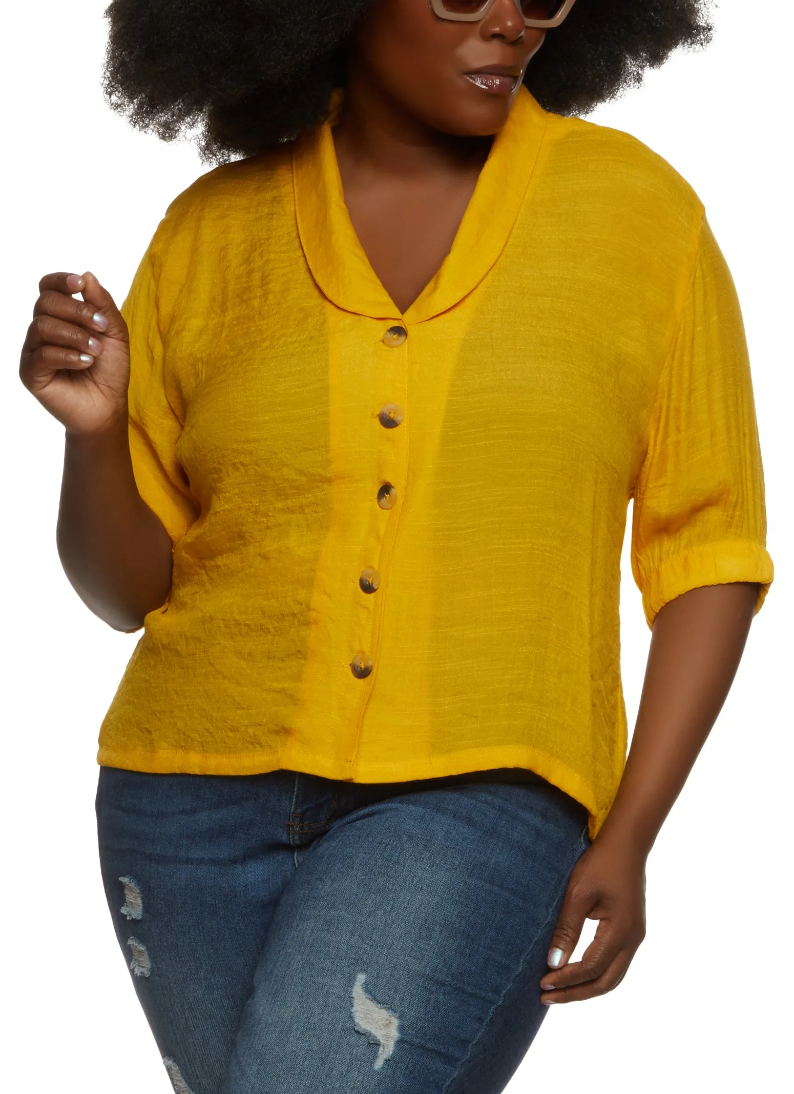 Plus Size Gauze Knit Quarter Sleeve Button Front Top sold by Rainbow
