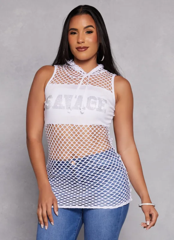 Fishnet Savage Rhinestone Hooded Graphic Tee sold by Rainbow