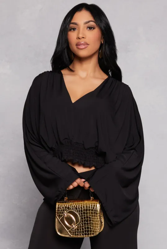 Smocked Hem Bell Sleeve Crop Top sold by Rainbow