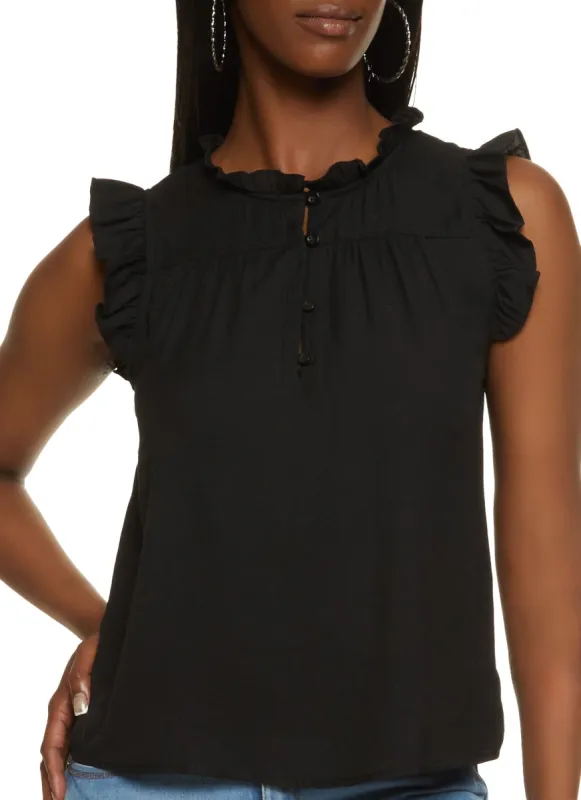 Sleeveless Half Button Ruffle Trim Blouse sold by Rainbow