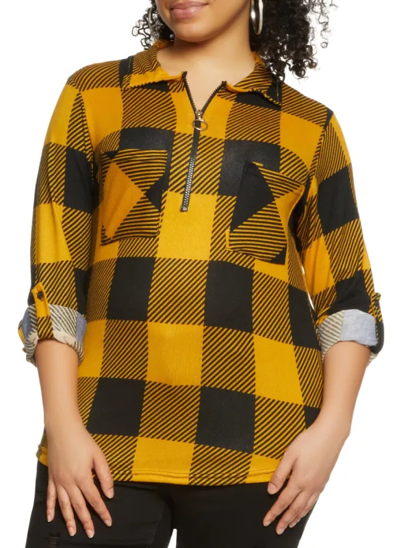 Plus Size Buffalo Plaid Half Zip Top sold by Rainbow