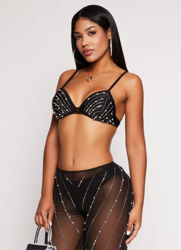 Rhinestone Faux Pearl Studded Bralette sold by Rainbow