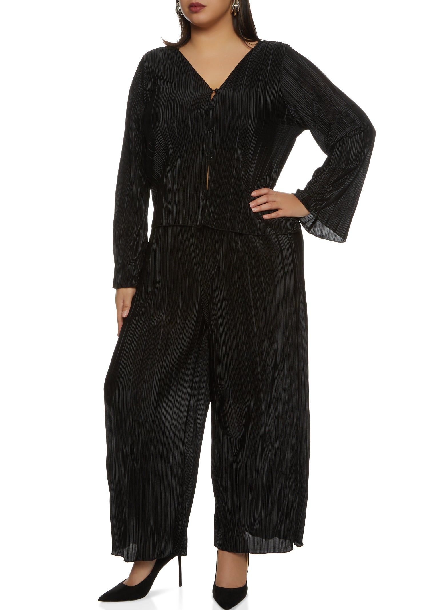 Plus Size Plisse Button Front Bell Sleeve Blouse sold by Rainbow product image thumbnail 2