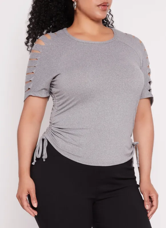 Plus Size Laser Cut Sleeve Ruched Sleeve T Shirt sold by Rainbow