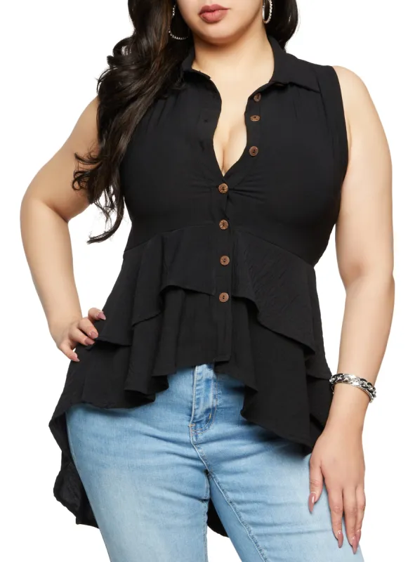 Plus Size Button Front High Low Sleeveless Blouse sold by Rainbow