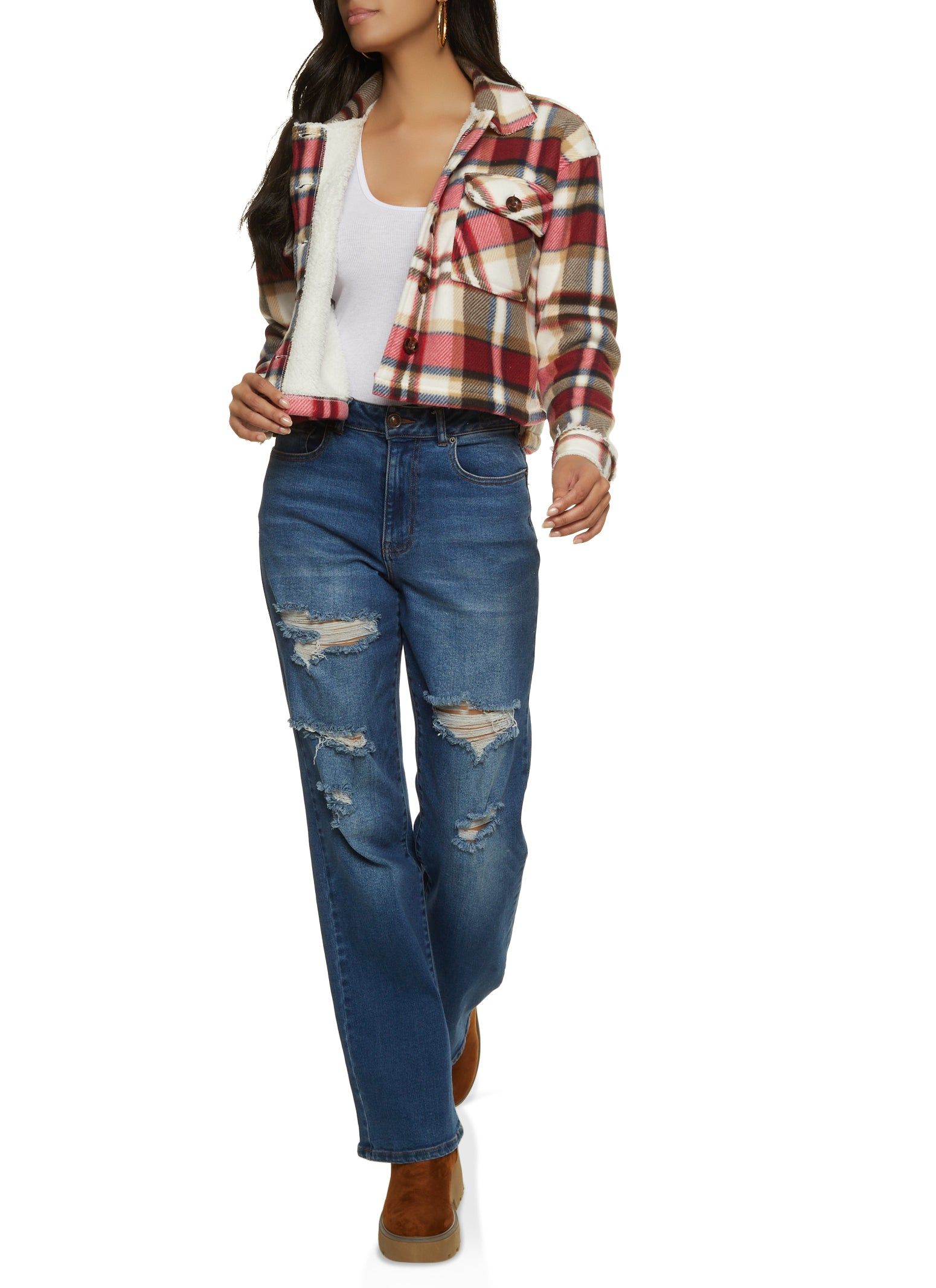 Brushed Knit Sherpa Lined Cropped Shacket sold by Rainbow product image thumbnail 2