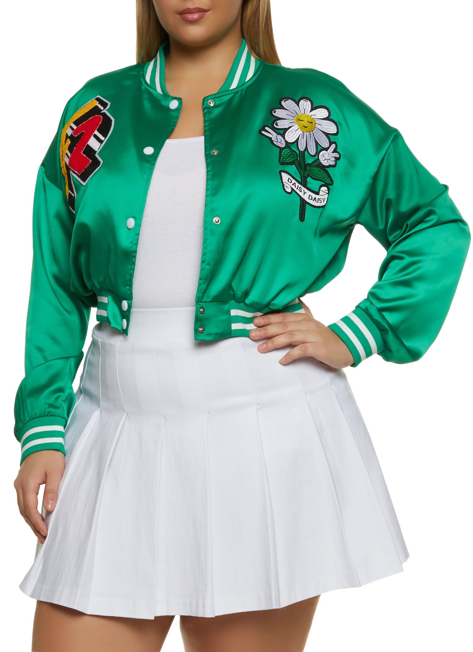 Plus Size Graphic Patch Cropped Varsity Jacket sold by Rainbow