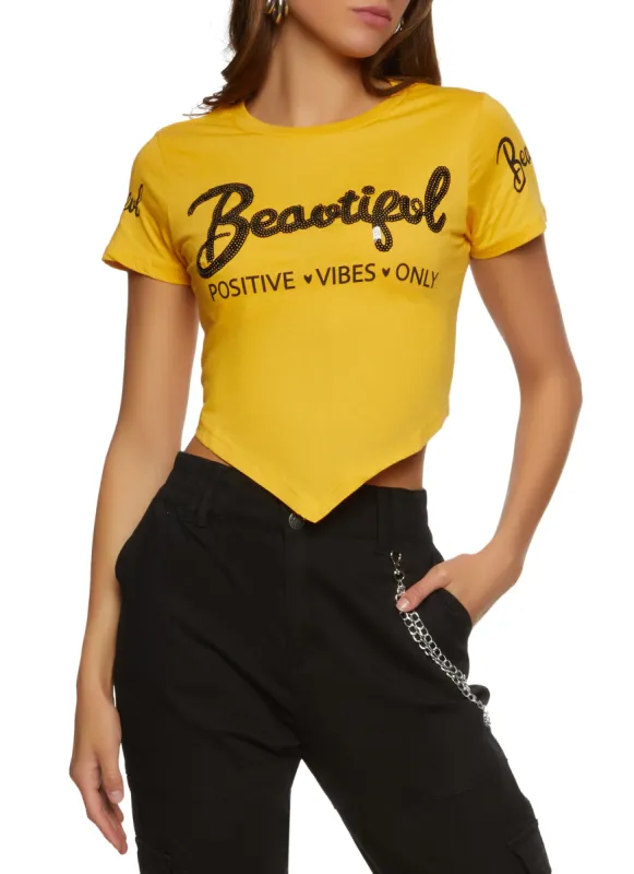 Sequin Beautiful Positive Vibes Only Hanky Hem Tee sold by Rainbow