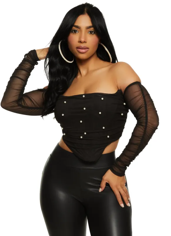 Mesh Faux Pearl Off the Shoulder Crop Top sold by Rainbow