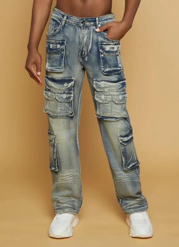 Mens Acid Wash Cargo Pocket Jeans sold by Rainbow