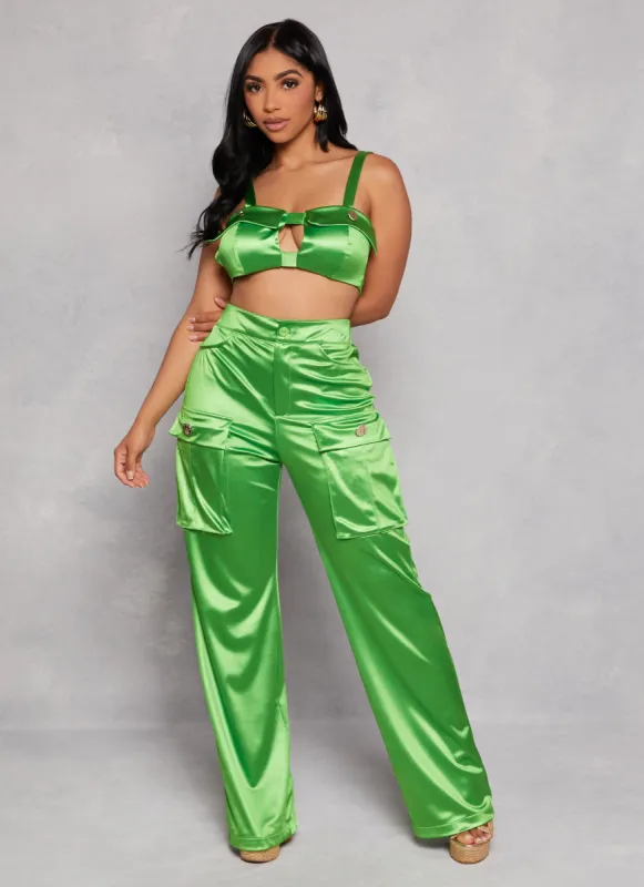 Satin High Waist Cargo Pocket Pants sold by Rainbow