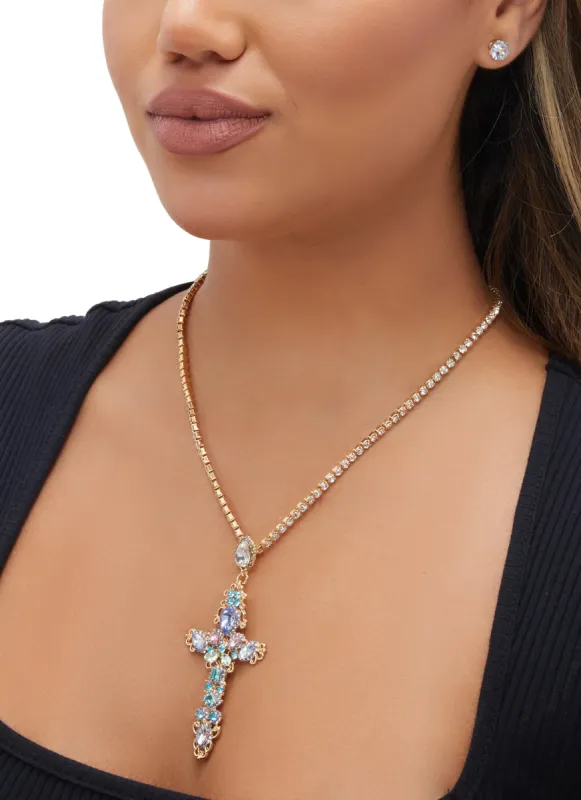 Cubic Zirconia Cross Necklace with Stud Earrings sold by Rainbow