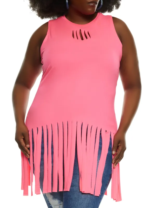 Plus Size Cut Out Fringe Tank Top sold by Rainbow