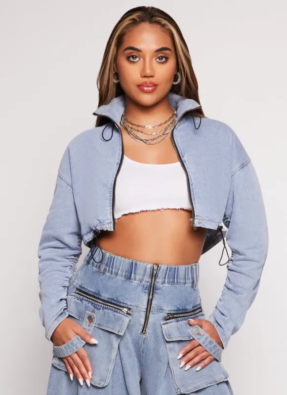 Ruched Zip Front Drawstring Hem Jean Jacket sold by Rainbow
