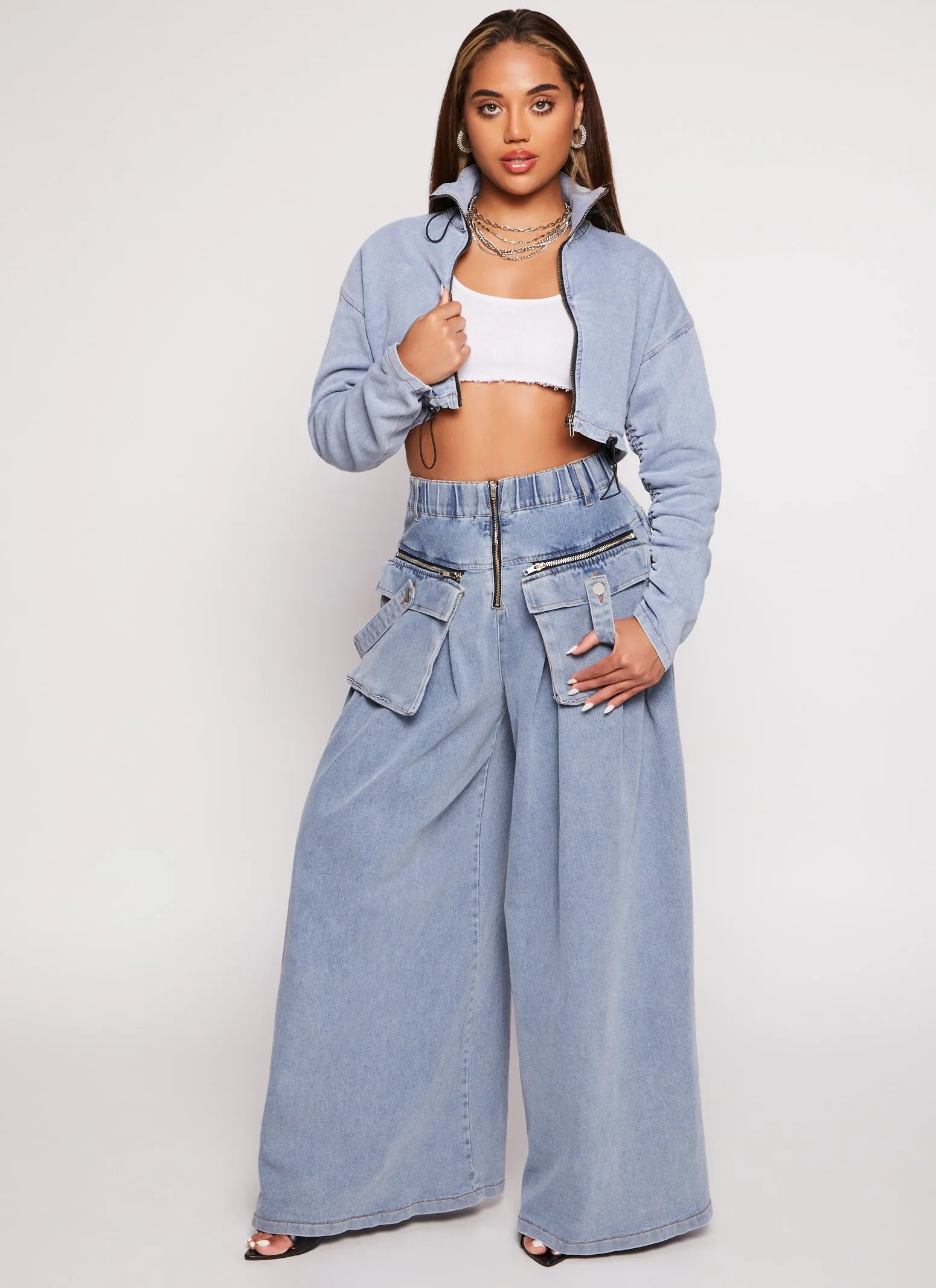 Ruched Zip Front Drawstring Hem Jean Jacket sold by Rainbow product image thumbnail 2