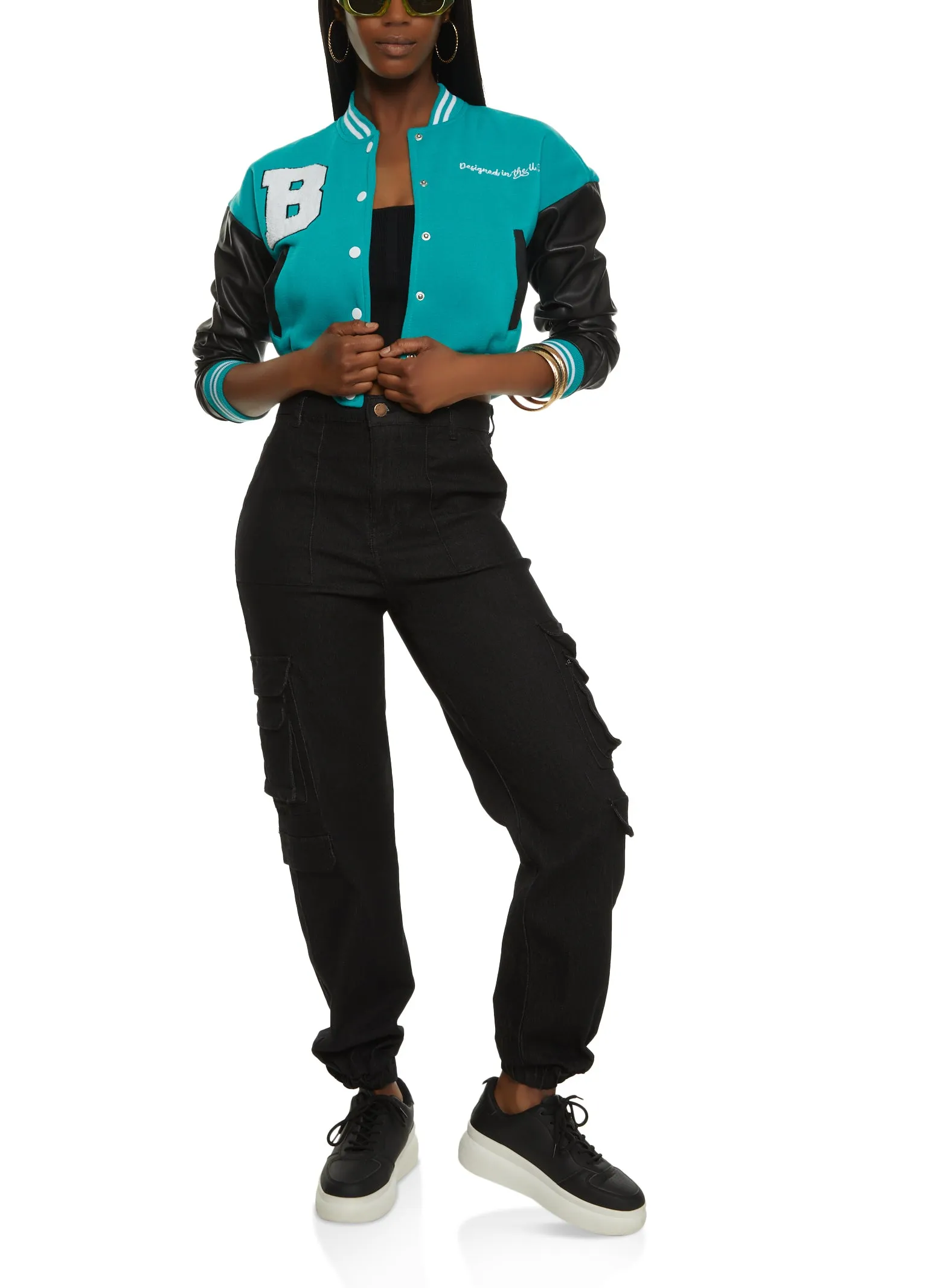 Faux Leather Sleeve Patch Varsity Jacket sold by Rainbow product image thumbnail 2