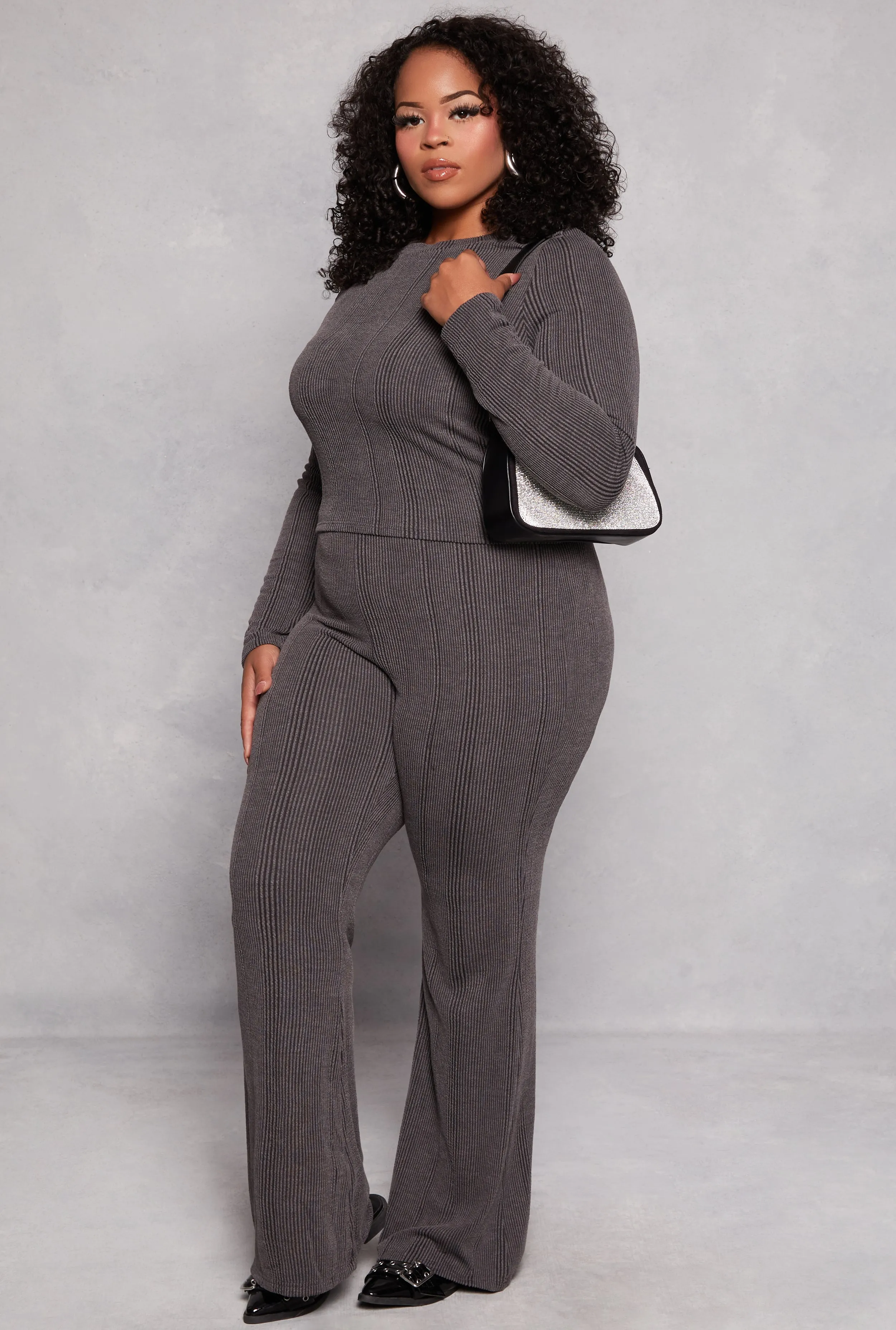 Plus Size Solid Ribbed High Waist Flare Pants sold by Rainbow