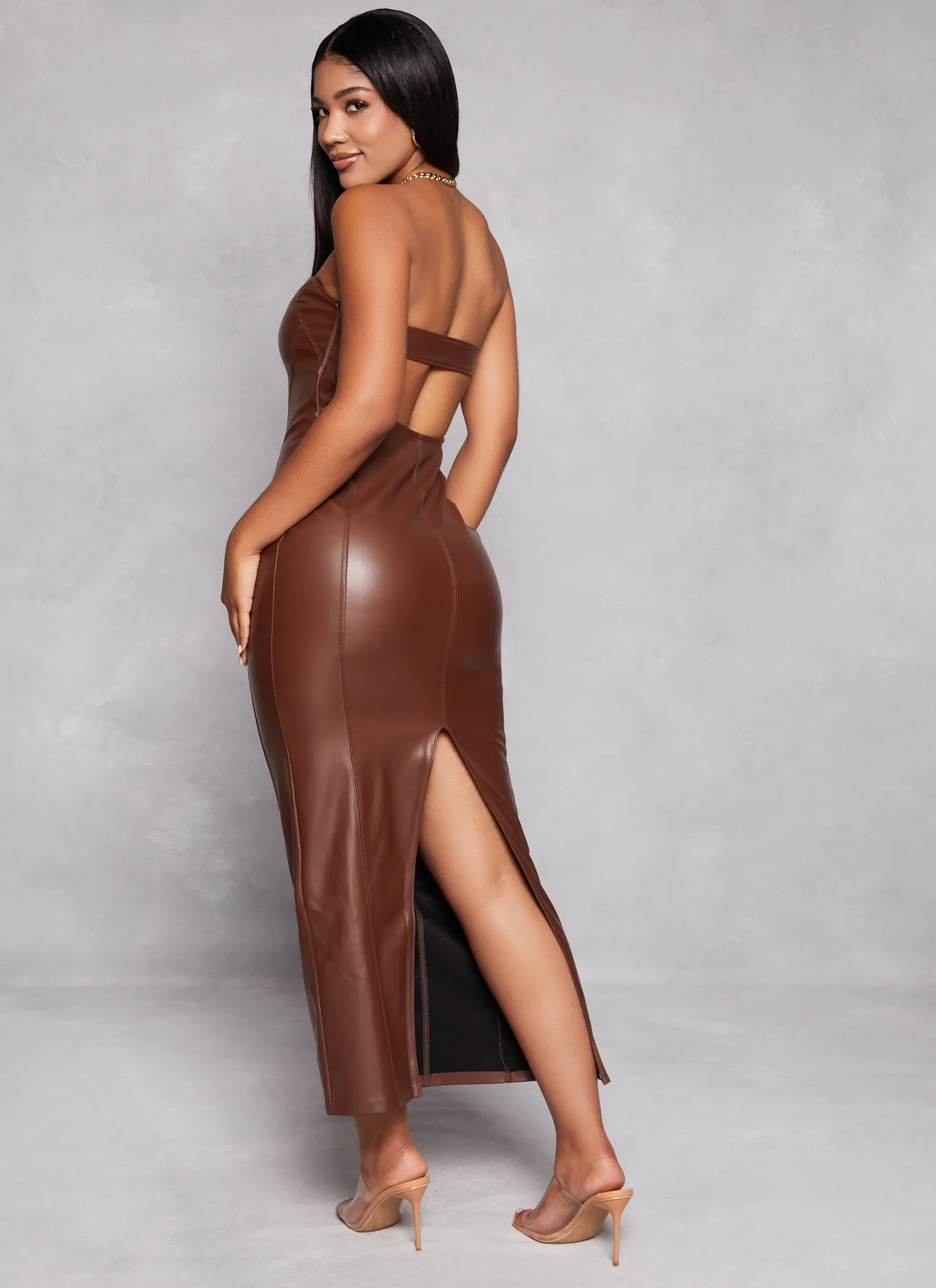 Faux Leather Cut Out Back Maxi Tube Dress sold by Rainbow product image thumbnail 3