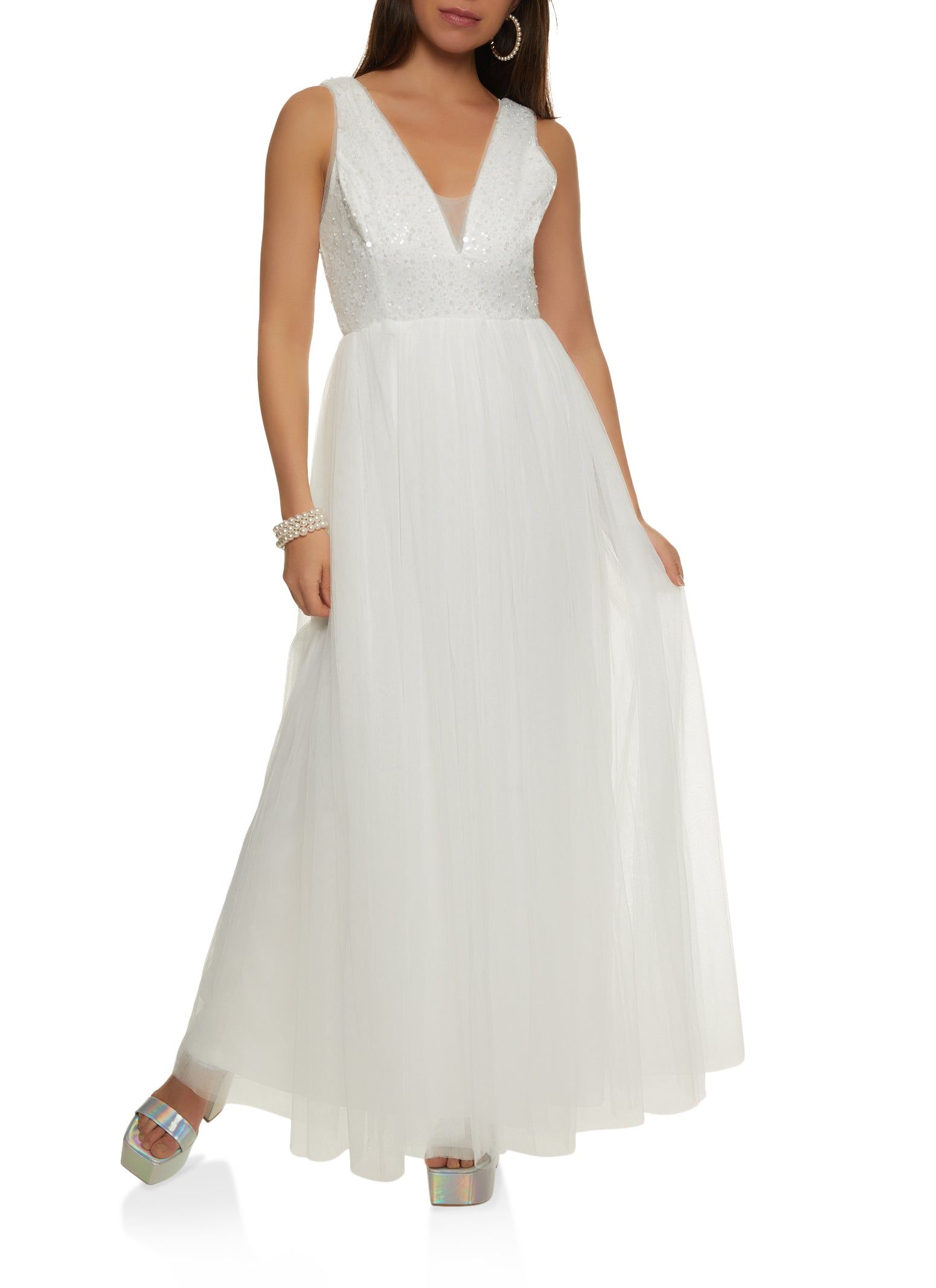 Sequin V Neck Tulle Maxi Dress sold by Rainbow