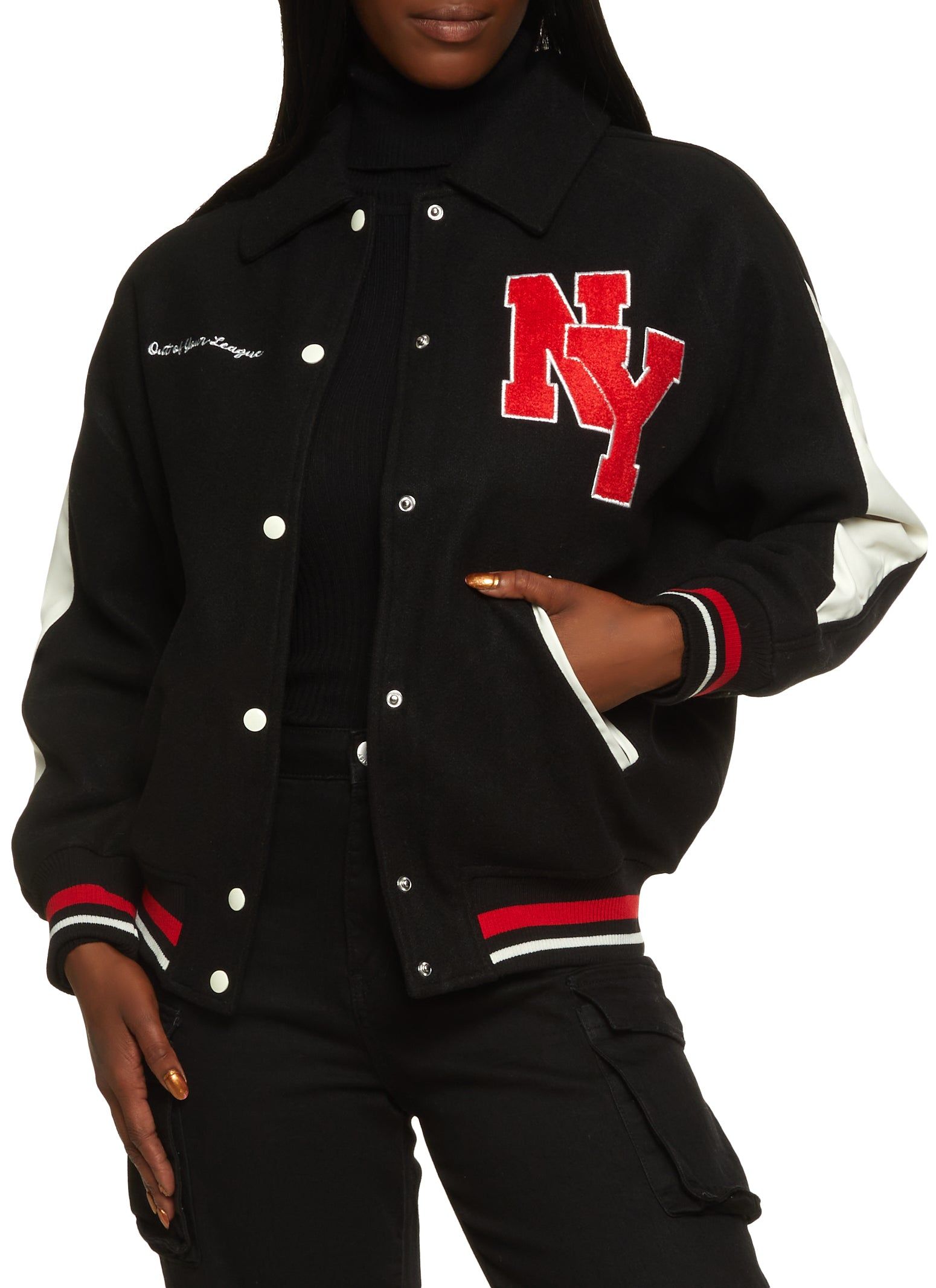 Collared NY Chenille Patch Varsity Jacket sold by Rainbow