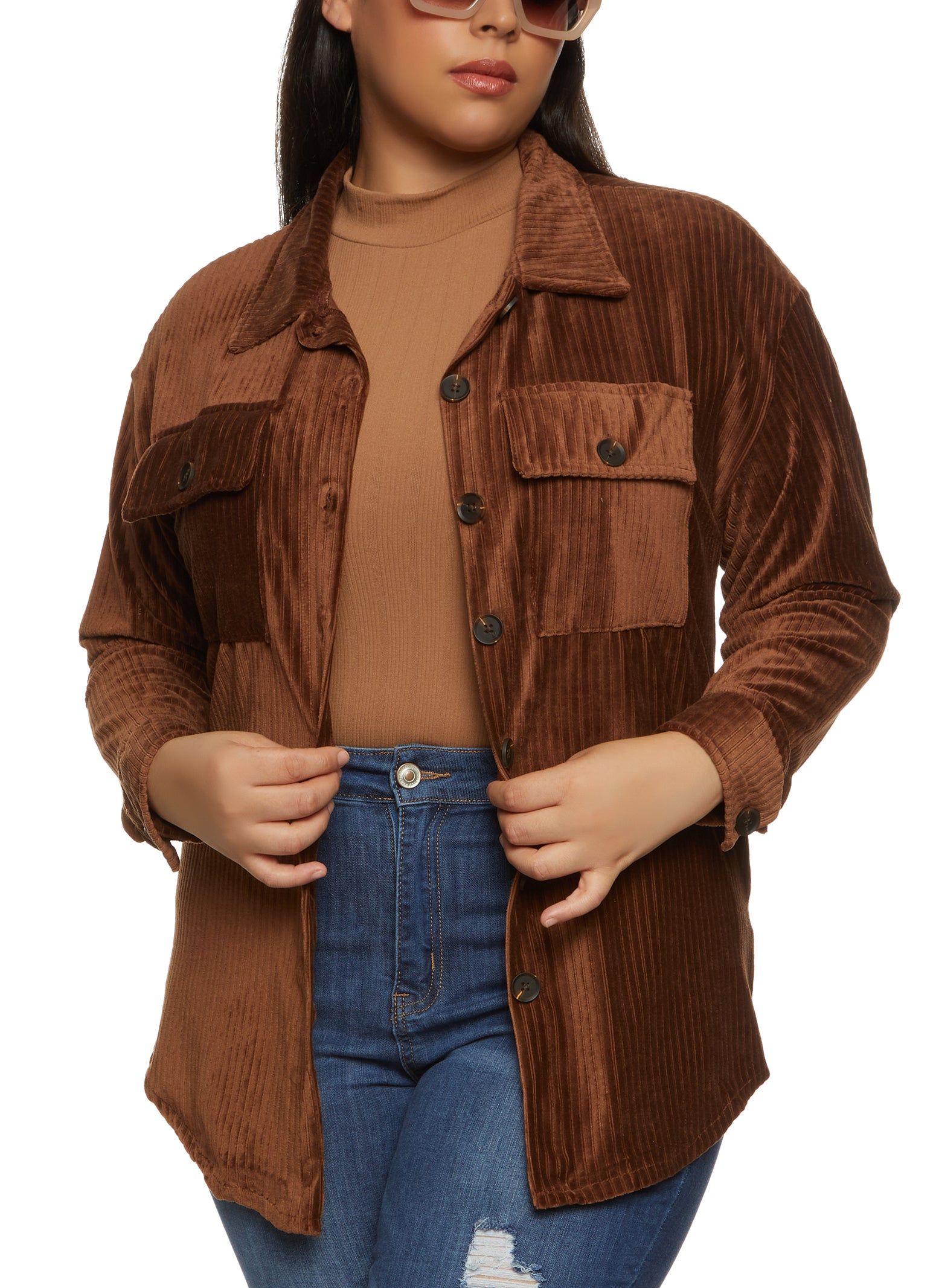 Plus Size Ribbed Knit Velour Button Front Shirt sold by Rainbow