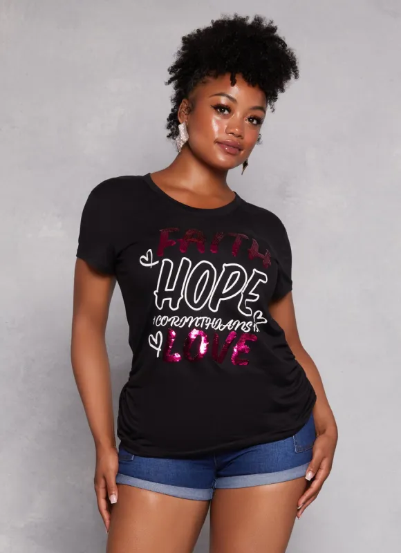 Plus Size Faith Hope Love Sequin Graphic Tee sold by Rainbow