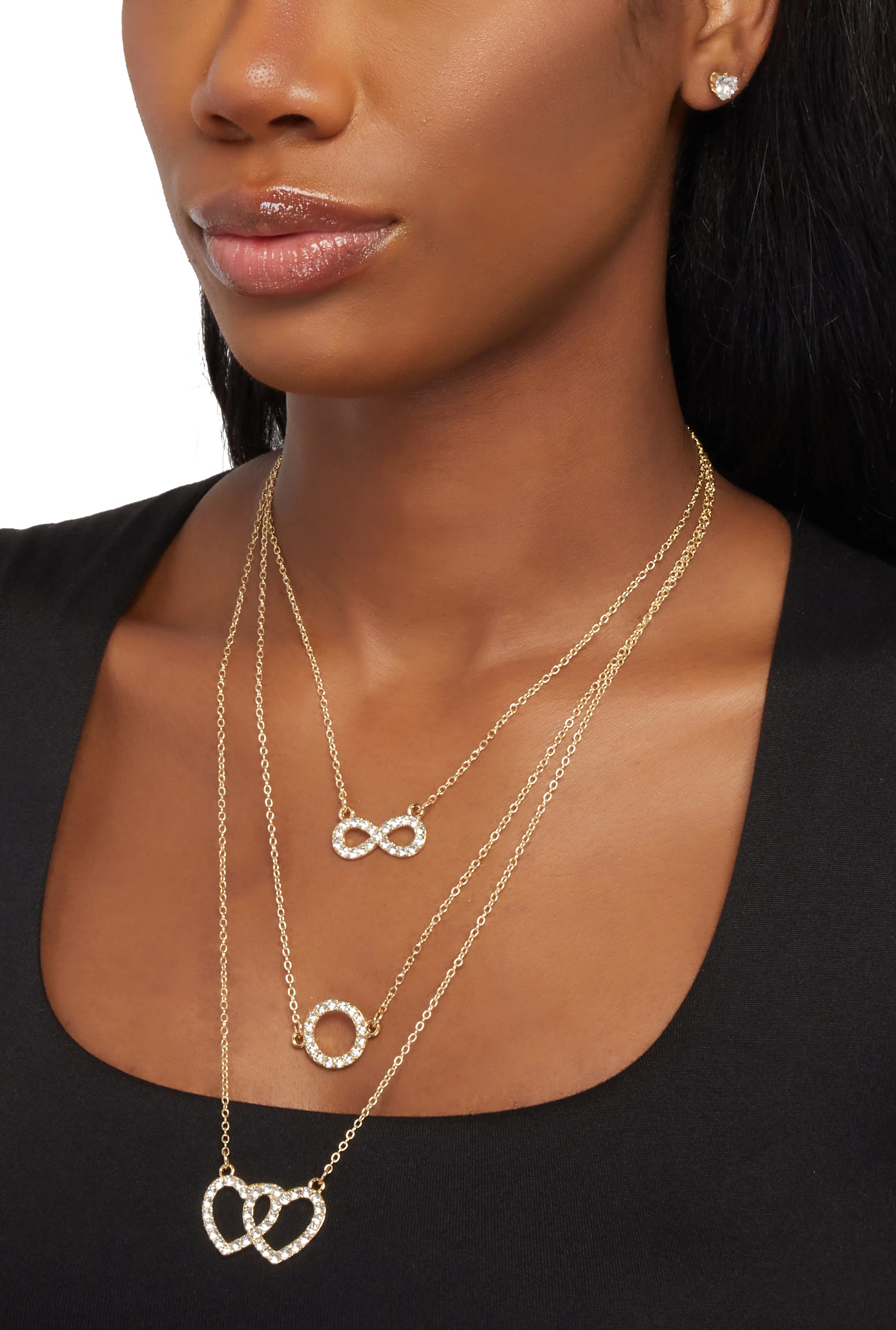 Rhinestone Infinity Heart Charm Layered Necklace with Stud Earring Trio sold by Rainbow product image thumbnail 2