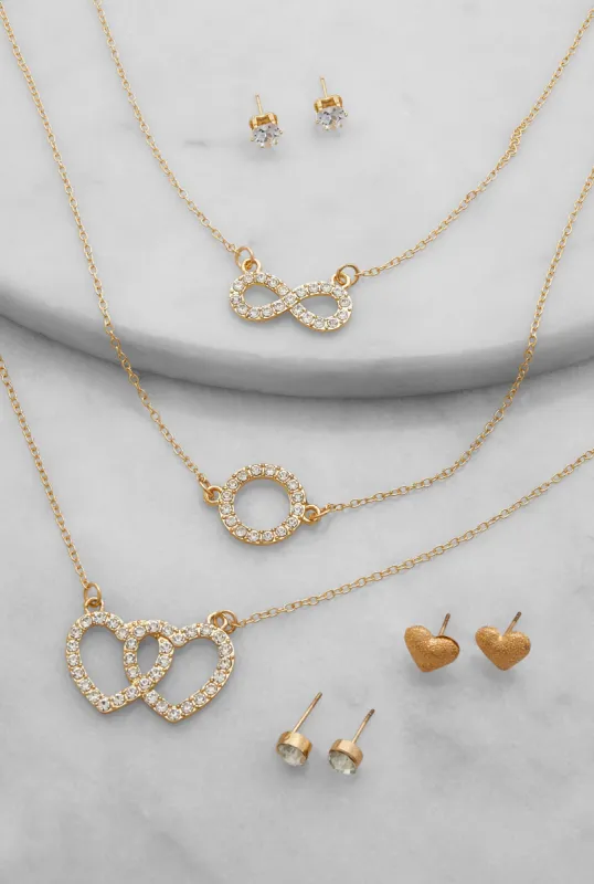 Rhinestone Infinity Heart Charm Layered Necklace with Stud Earring Trio sold by Rainbow