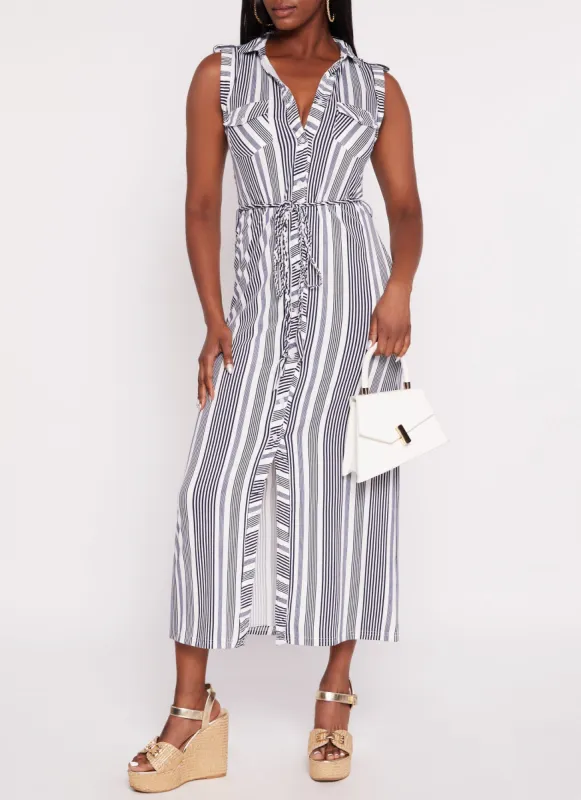 Sleeveless Striped Tie Waist Belted Shirt Dress sold by Rainbow