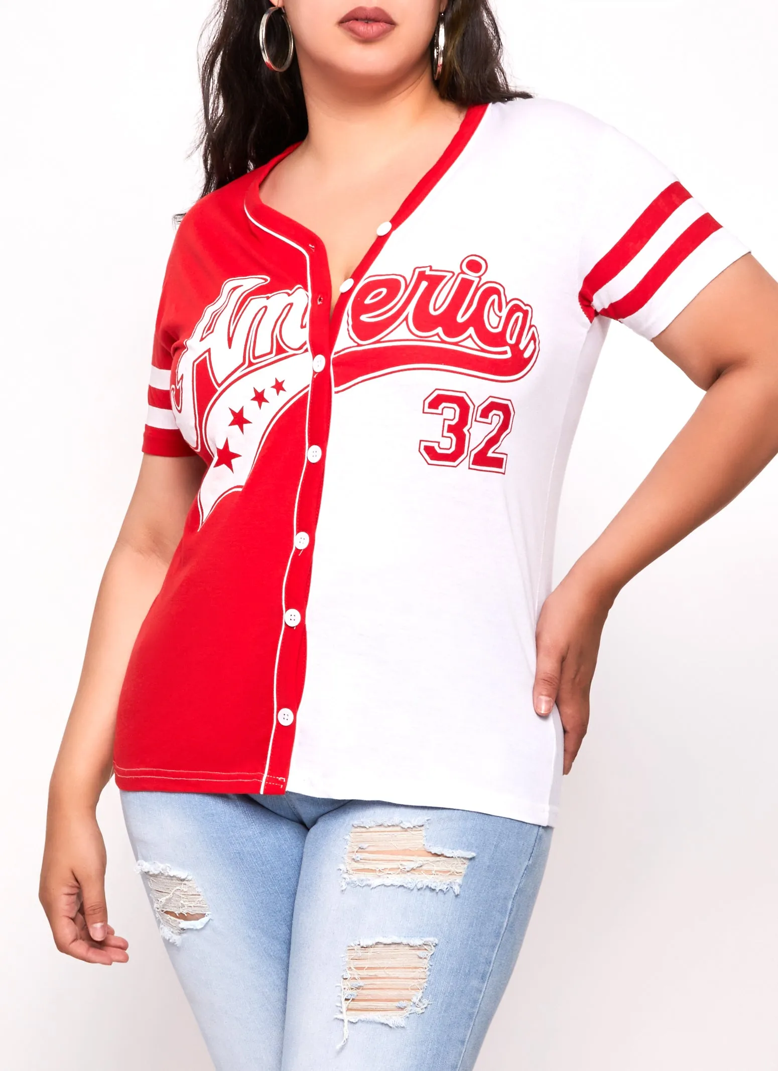Plus Size America 32 Varsity Stripe Baseball Jersey sold by Rainbow