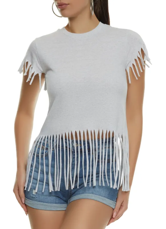 Fringe Hem Crew Neck Tee sold by Rainbow