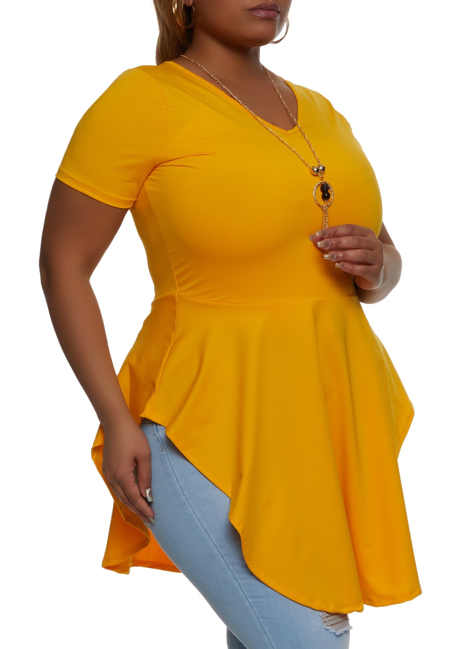 Plus Size Hanky Hem Peplum Top with Necklace sold by Rainbow