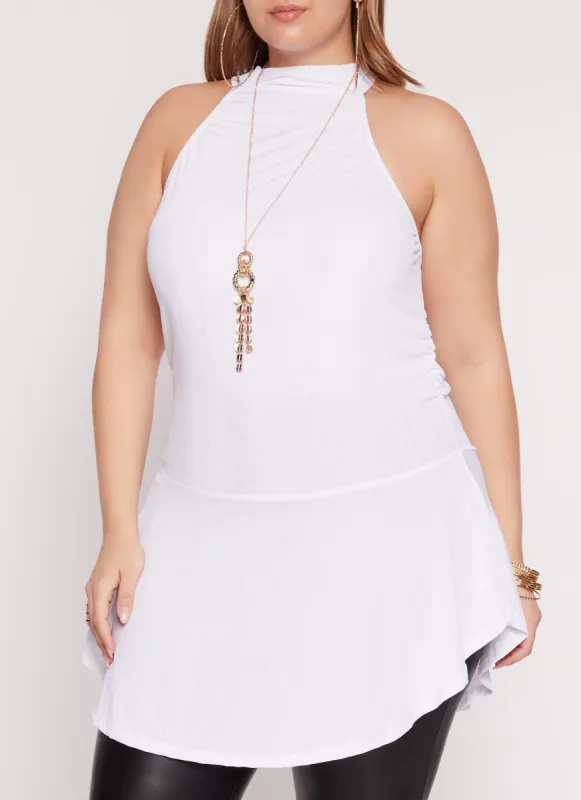 Plus Size Textured Knit High Neck Blouse with Necklace sold by Rainbow