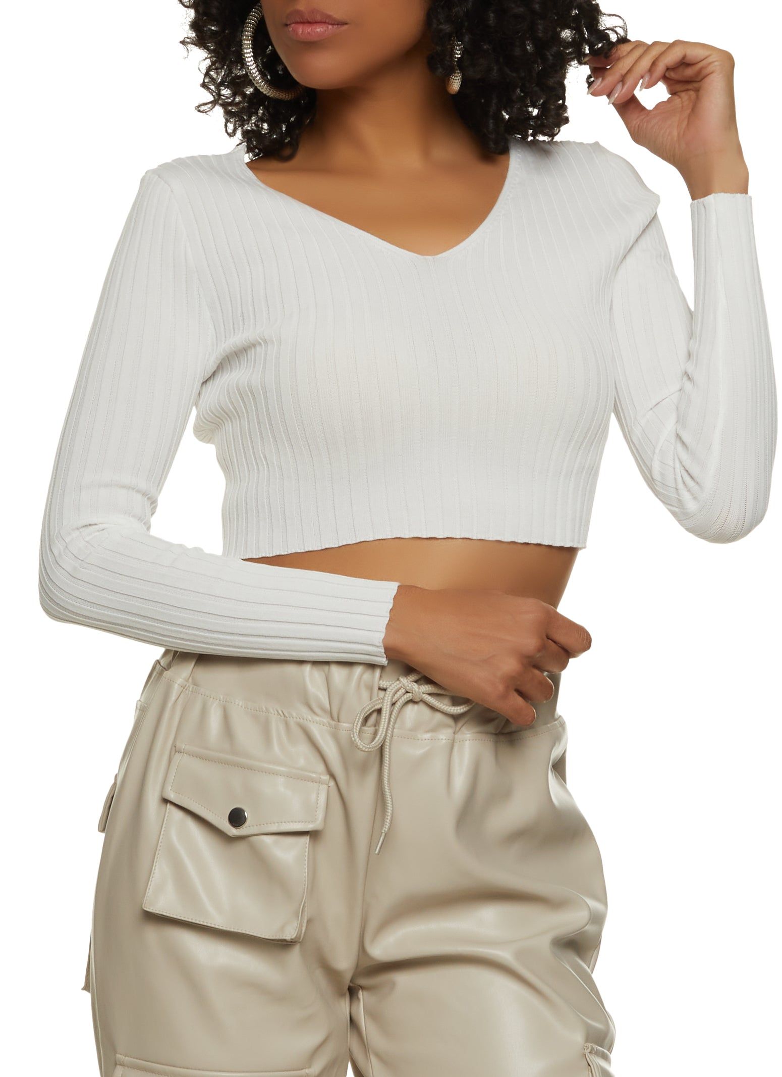 Double V Neck Ribbed Knit Long Sleeve Crop Top sold by Rainbow